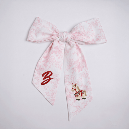 Custom Letter Christmas Rocking Horse Embroidered Linen Wreath Sash, Personalized Monogram Holiday Bow Sash for Door Decor