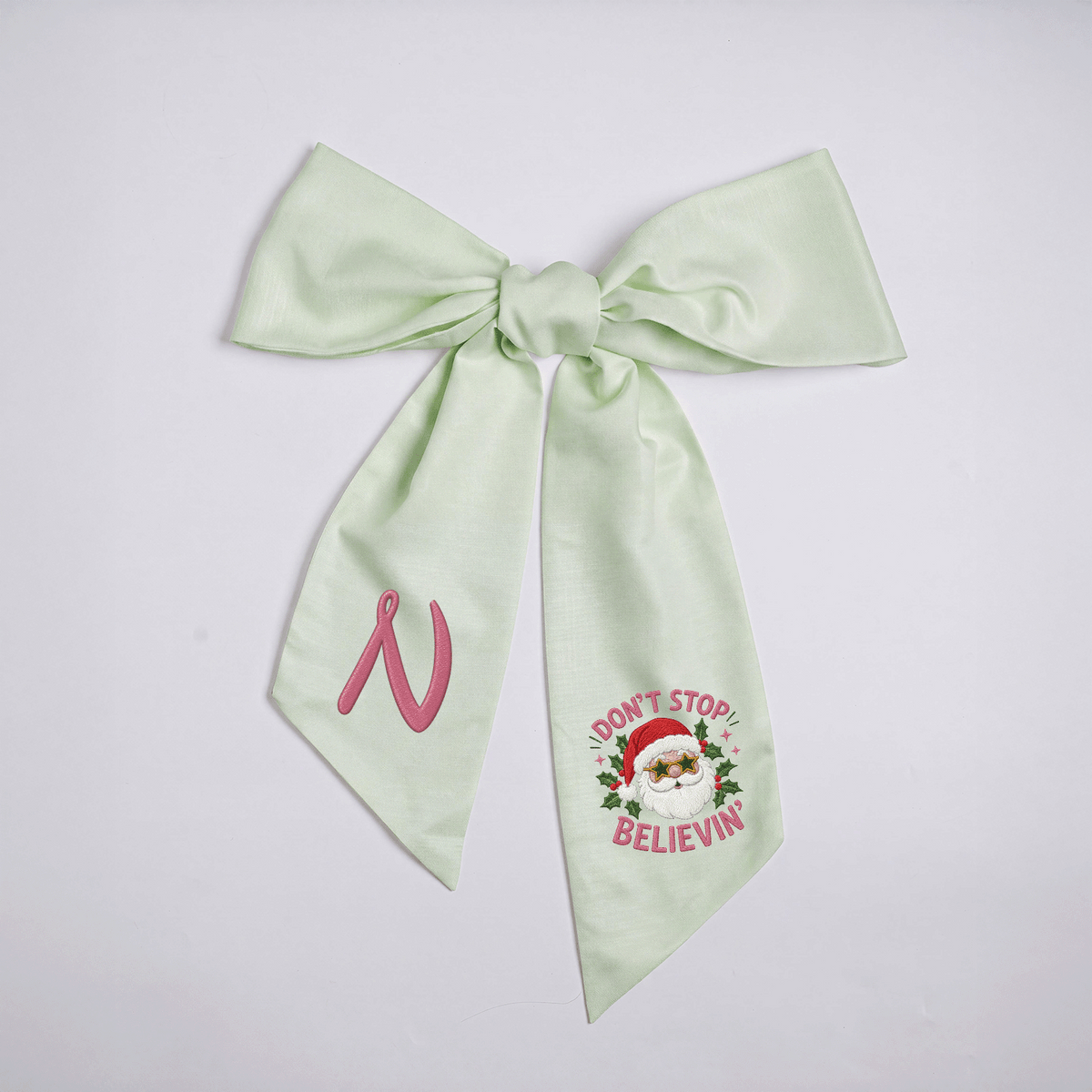Custom Monogram Don't Stop Believin' Santa Embroidered Linen Door Wreath Sash, Personalized Initial Star Sunglasses Santa Quote Holiday Wreath Sash & Front Door Decor