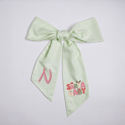 Custom Monogram Santa Baby Embroidered Linen Door Wreath Sash, Personalized Initial Retro Typography Reindeer Pink Tree Holiday Wreath Sash & Front Door Decor