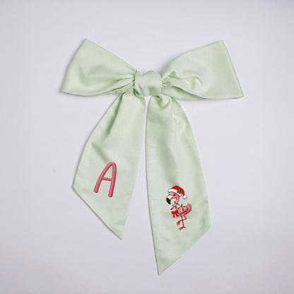 Custom Monogram Christmas Flamingo Floral Toile Wreath Bow, Personalized Initial Holiday Flamingo Wreath Sash & Front Door Decor