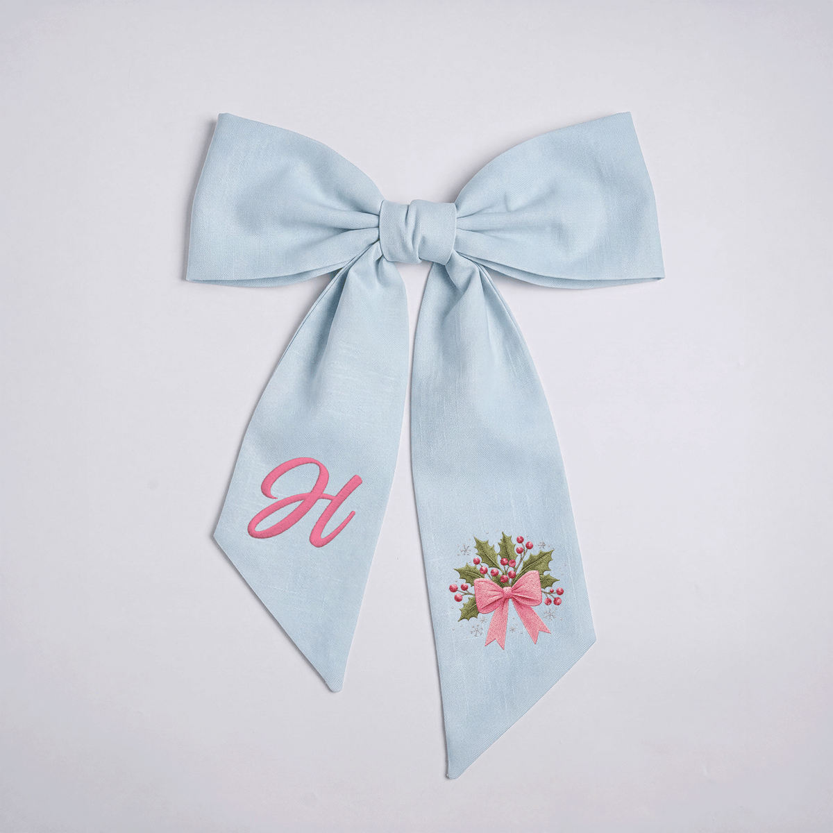 Custom Letter Holly Berries Bow Embroidered Linen Wreath Sash, Personalized Monogram Holiday Bow Sash for Door Decor