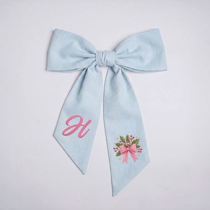 Custom Letter Holly Berries Bow Embroidered Linen Wreath Sash, Personalized Monogram Holiday Bow Sash for Door Decor