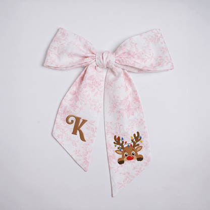 Custom Letter Reindeer Christmas Lights Embroidered Linen Wreath Sash, Personalized Monogram Holiday Bow Sash for Door Decor