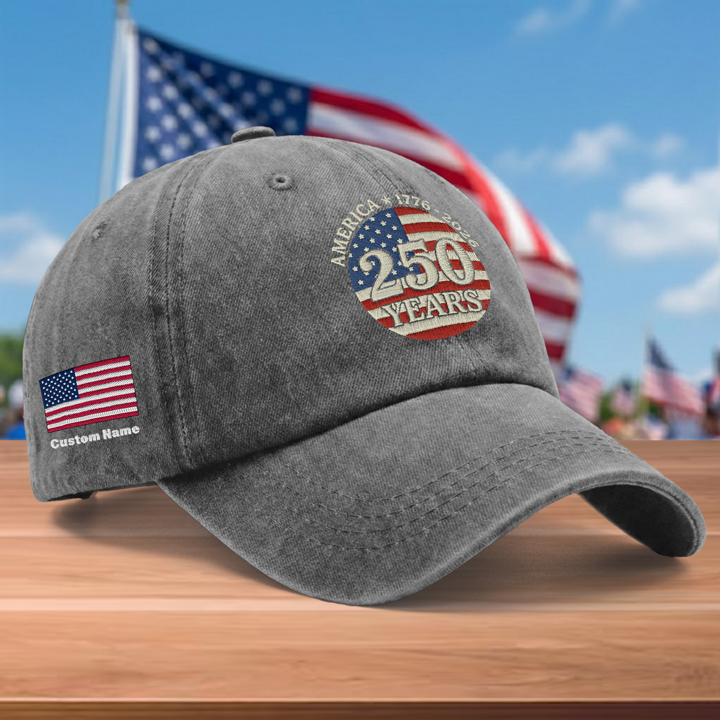 America 250 Years 1776-2026 Embroidered Washed Denim Baseball Cap – Custom Name Patriotic USA Anniversary Hat