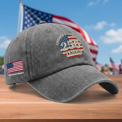 America 250 Years 1776-2026 Embroidered Washed Denim Baseball Cap – Custom Name Patriotic USA Anniversary Hat