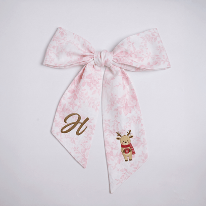 Custom Letter Christmas Reindeer Embroidered Linen Wreath Sash, Personalized Monogram Holiday Bow Sash for Door Decor