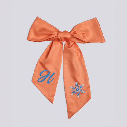 Custom Letter Snowflake Embroidered Linen Wreath Sash, Personalized Monogram Winter Holiday Bow Sash for Door Decor