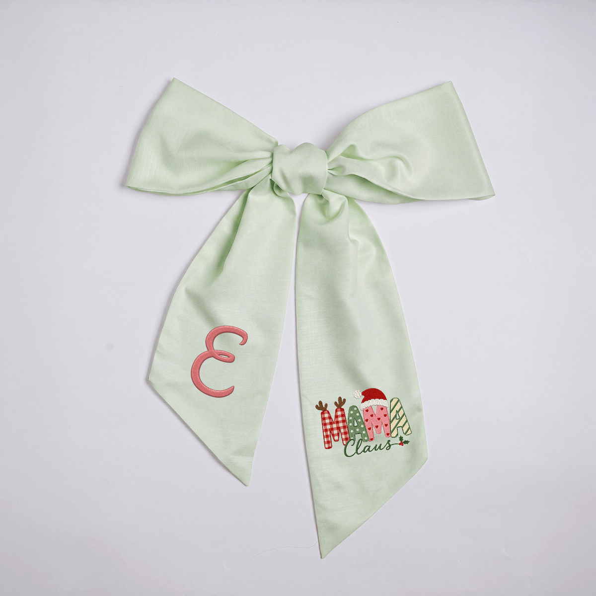 Custom Monogram Mama Claus Embroidered Linen Door Wreath Sash, Personalized Initial Santa Hat Reindeer Festive Typography Holiday Wreath Sash & Front Door Decor