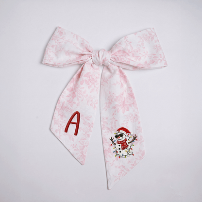 Custom Monogram Cool Snowman Linen Wreath Bow, Personalized Initial Sunglasses Snowman Christmas Wreath Sash & Front Door Decor