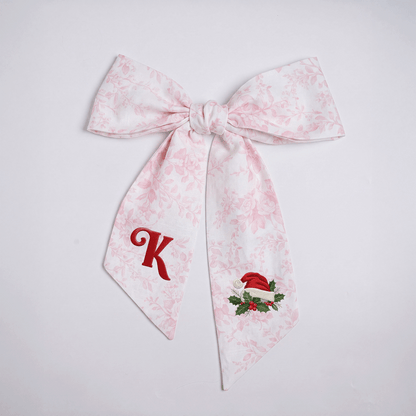 Custom Letter Christmas Santa Hat Embroidered Linen Wreath Sash, Personalized Sage Floral Monogram Bow for Front Door Decor
