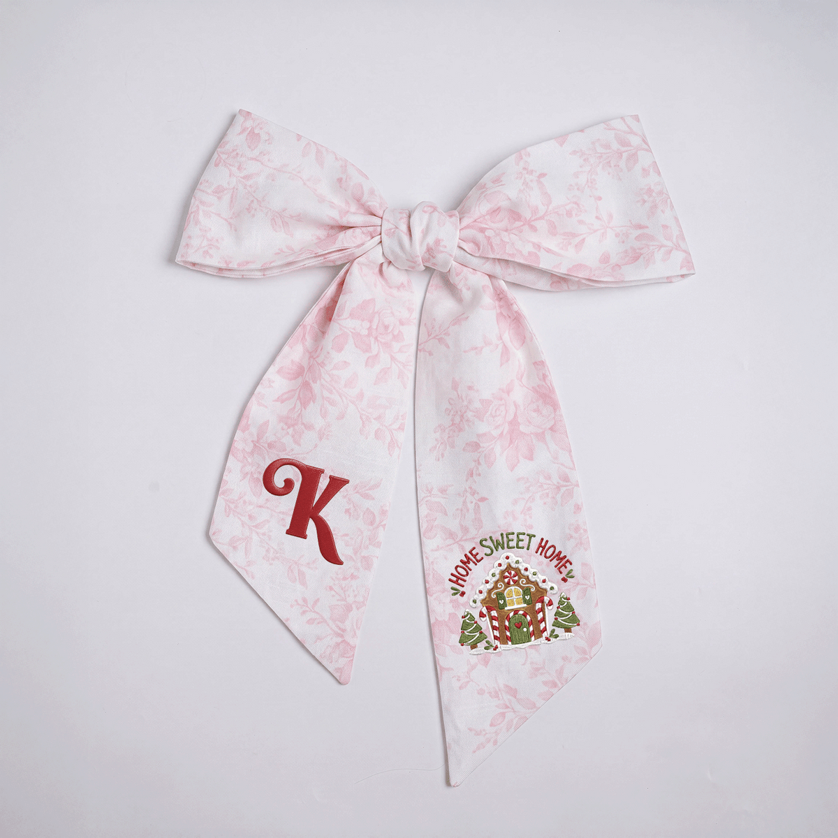 Custom Letter Gingerbread House Home Sweet Home Embroidered Linen Wreath Sash, Personalized Monogram Holiday Bow Sash for Door Decor