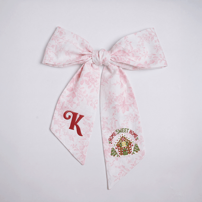 Custom Letter Gingerbread House Home Sweet Home Embroidered Linen Wreath Sash, Personalized Monogram Holiday Bow Sash for Door Decor
