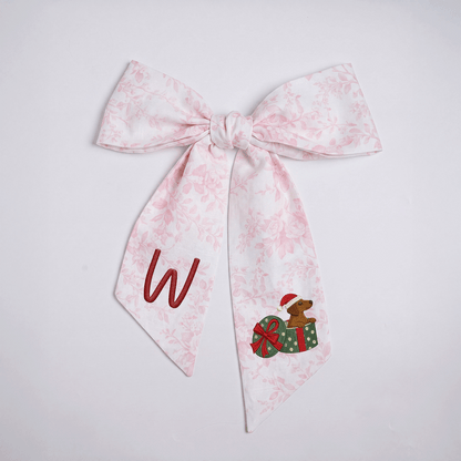 Personalized Monogram Christmas Dog in Present Box Embroidered Linen Door Wreath Sash, Custom Initial Holiday Dachshund Wreath Bow Sash Decor, Festive Front Door Home Accessories