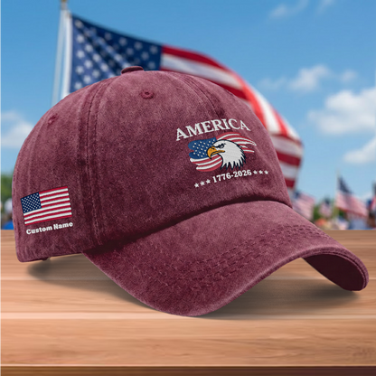 America 250 Years 1776-2026 Eagle Embroidered Washed Denim Baseball Cap – Custom Name Patriotic USA Anniversary Hat
