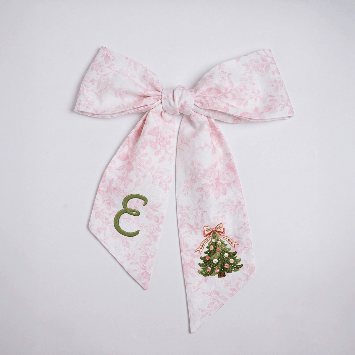 Custom Monogram Christmas Tree Embroidered Linen Door Wreath Sash, Personalized Initial Pink Bow Pine Tree Holiday Wreath Sash & Front Door Decor