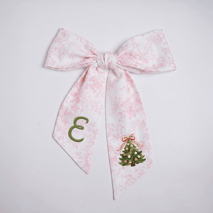 Custom Monogram Christmas Tree Embroidered Linen Door Wreath Sash, Personalized Initial Pink Bow Pine Tree Holiday Wreath Sash & Front Door Decor