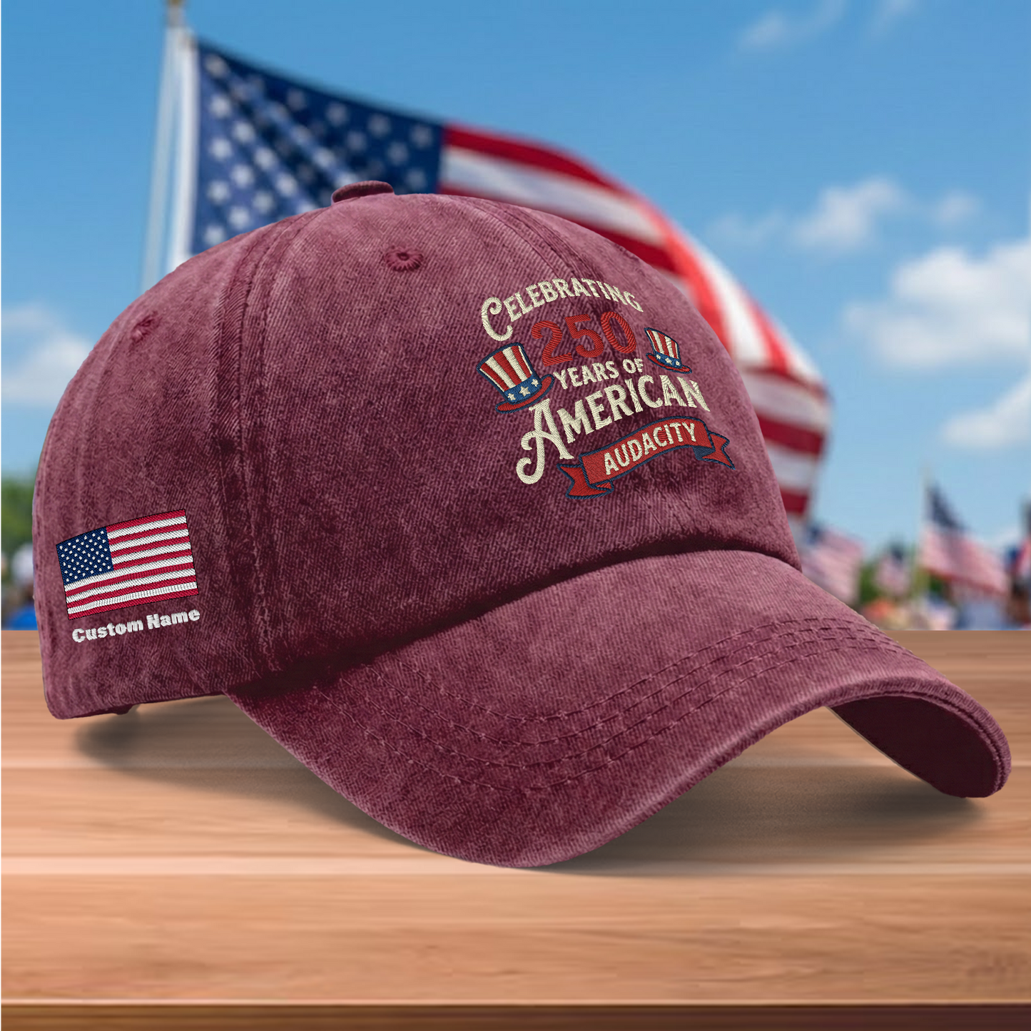 Celebrating 250 Years of American Audacity Embroidered Washed Denim Baseball Cap – Custom Name Patriotic USA Anniversary Hat