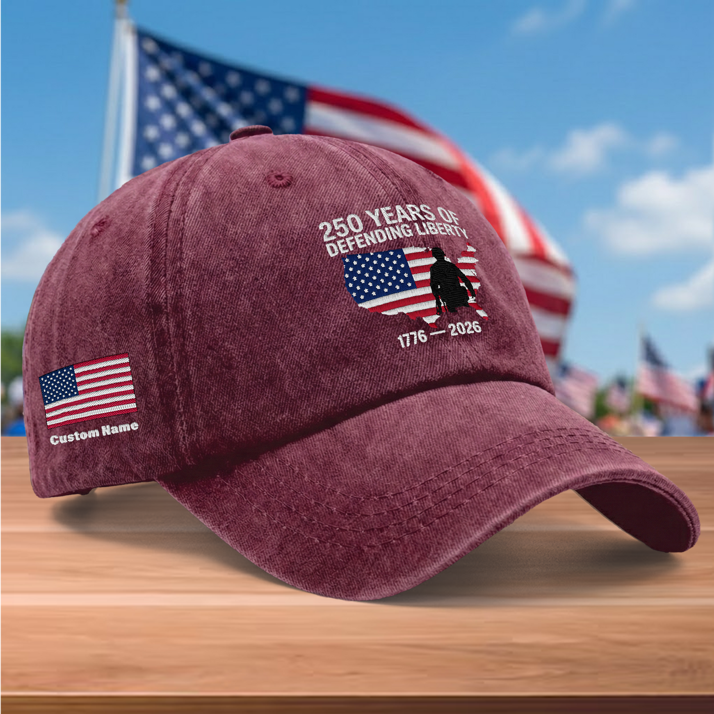 250 Years of Defending Liberty 1776-2026 Embroidered Washed Denim Baseball Cap – Custom Name Patriotic USA Military Anniversary Hat