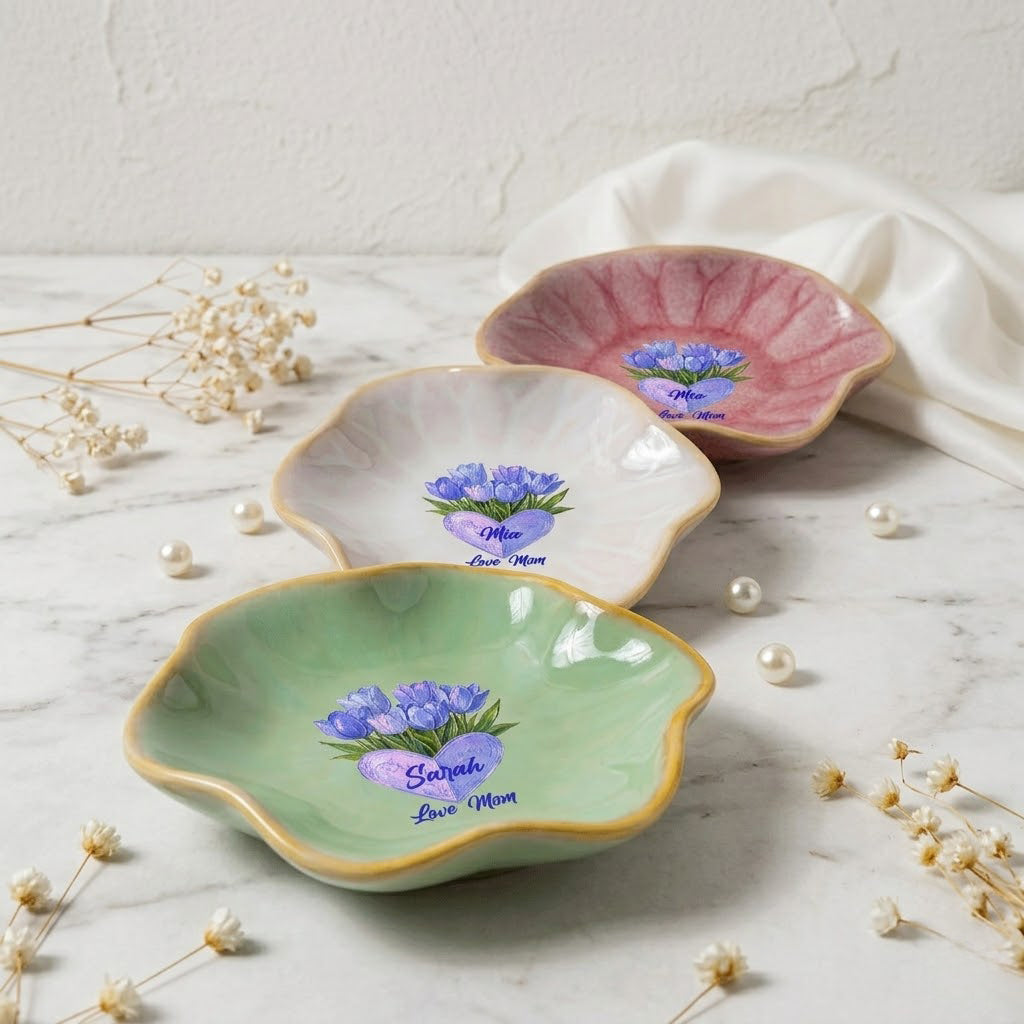 Custom Birth Month Flower Trinket Dish – Personalized Name Center Meaningful Mother’s Day Gift