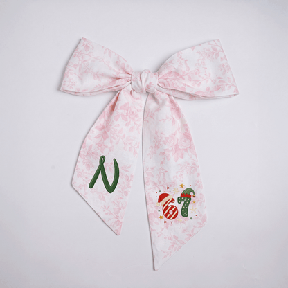 Custom Monogram Christmas 67 Santa Elf Hat Embroidered Linen Door Wreath Sash, Personalized Wreath Sash & Front Door Decor