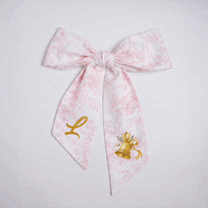 Custom Letter Golden Christmas Bell Embroidered Linen Wreath Sash, Personalized Monogram Holiday Bow Sash for Door Decor