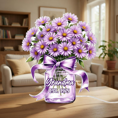 Personalized Acrylic Floral Night Light – Custom Flower Vase Lamp for Mom, LED Bedside Decor