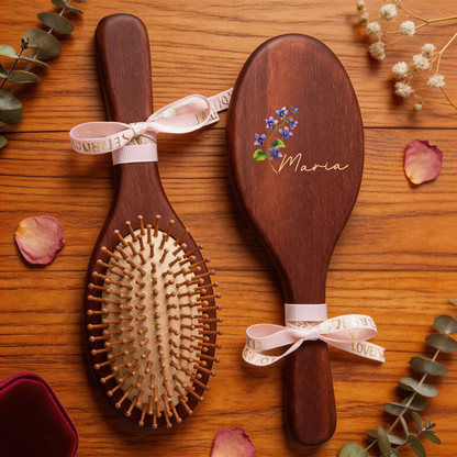 Personalized Wooden Hair Brush with Birth Flower and Name – “Bloom Where You're Planted” Gift for Her