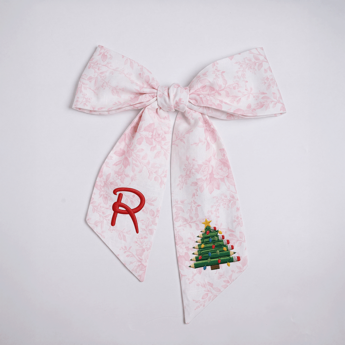 Custom Monogram Pencil Christmas Tree Embroidered Linen Door Wreath Sash, Personalized Initial Teacher School Pencil Tree Lights Holiday Wreath Sash & Front Door Decor