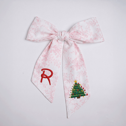 Custom Monogram Pencil Christmas Tree Embroidered Linen Door Wreath Sash, Personalized Initial Teacher School Pencil Tree Lights Holiday Wreath Sash & Front Door Decor