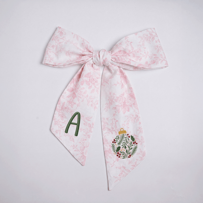 Personalized Monogram Christmas Bauble Embroidered Linen Door Wreath Sash, Custom Initial Botanical Holiday Wreath Bow Sash Decor, Festive Front Door Home Accessories