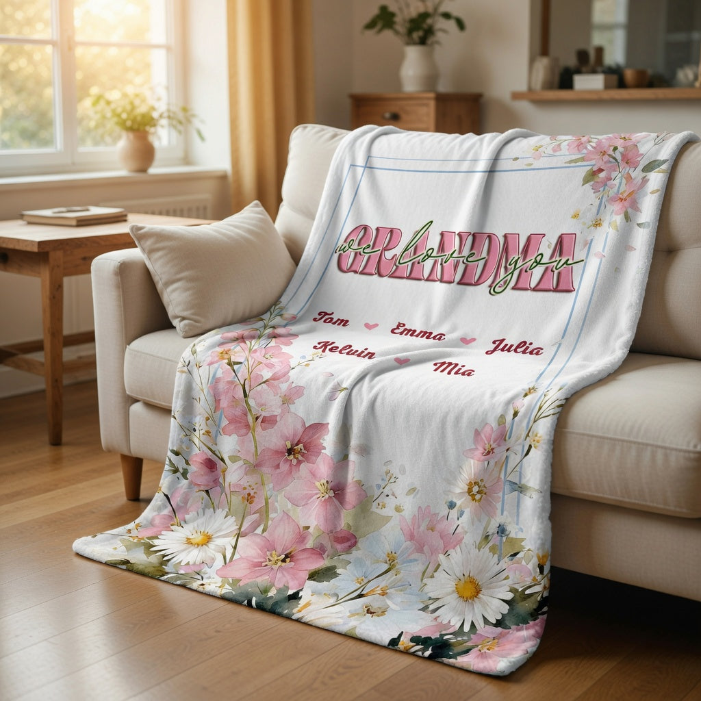“Grandma, We Love You” – Heartfelt Mother’s Day Gift from Grandkids – Personalized Floral Heart Blanket