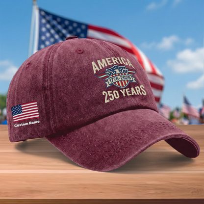 America 250th Anniversary 1776-2026 Embroidered Baseball Cap – Custom Name Patriotic USA Washed Denim Hat
