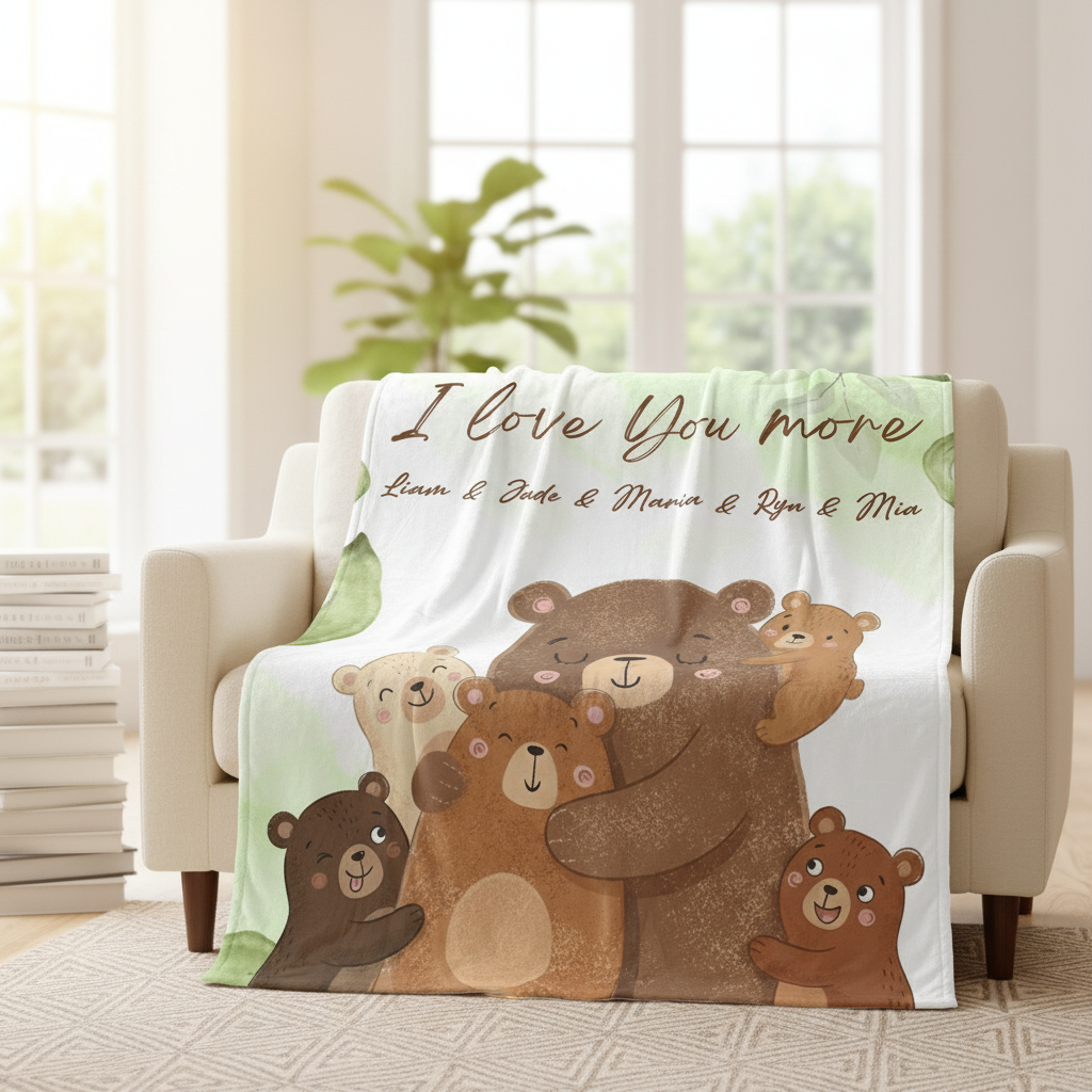 Personalized Mama Bear Sherpa Blanket with Grandchildren Names – Custom Floral Fleece Gift for Mom