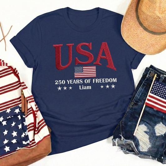 USA 250th Anniversary Embroidered T-Shirt - Celebrate Freedom Patriotic Gift