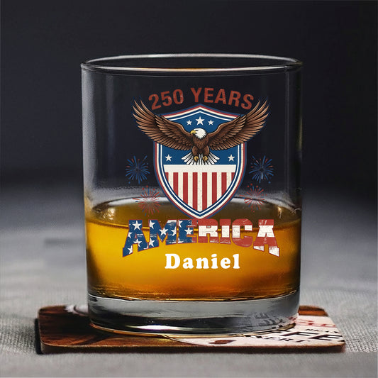 America 250 Years Eagle Crest Whiskey Glass - Custom Name Patriotic Barware