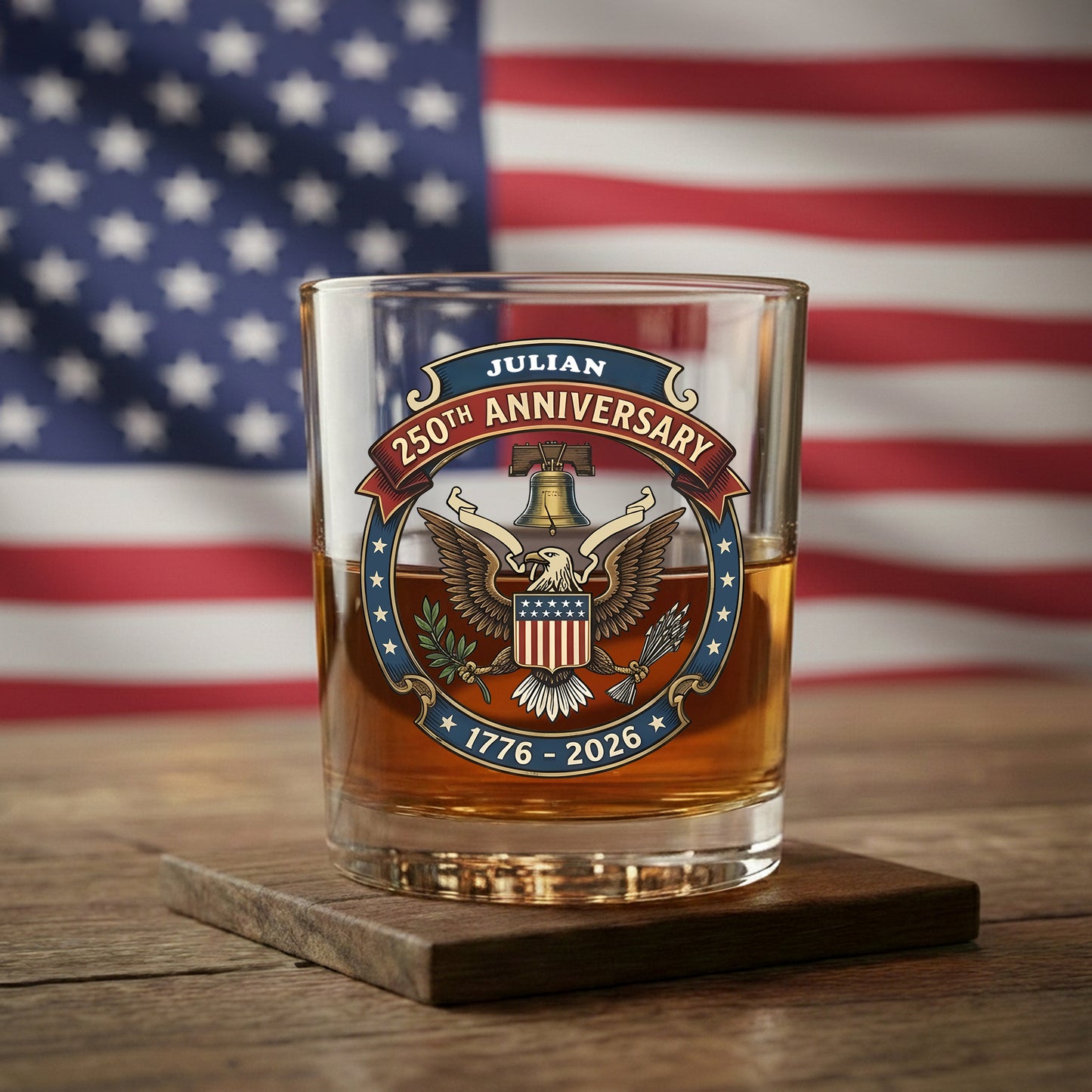 American Eagle and US Flag 250th Birthday USA Whiskey Glass