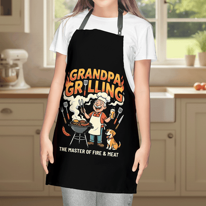 Grandpa Grilling The Master of Fire and Meat Apron – Funny BBQ Apron Gift for Grandpa