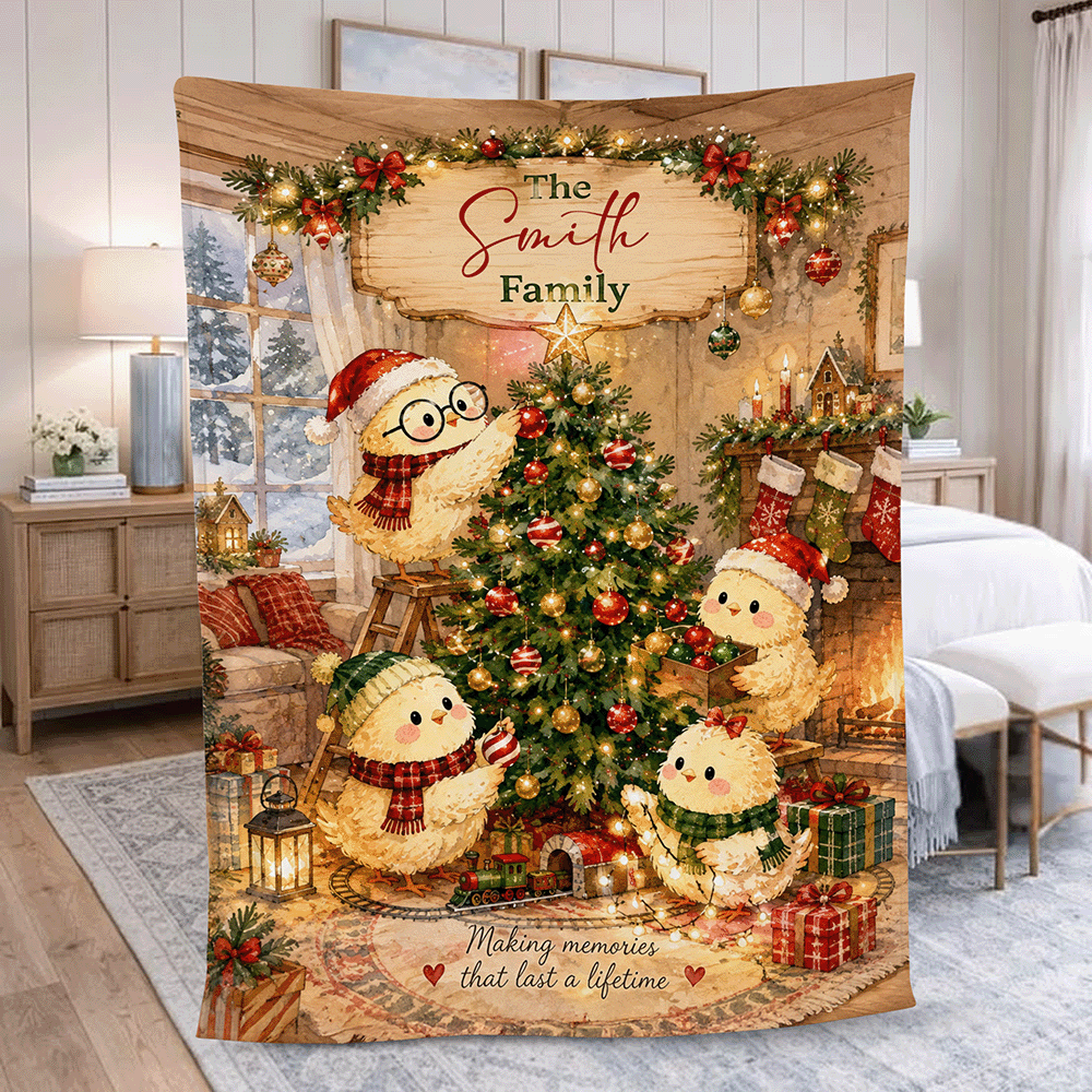 Personalized Christmas Chicks Tree Decorating Blanket, Custom Family Name Holiday Fleece Throw Blanket, Cute Winter Bird Decor Gifts