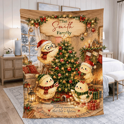 Personalized Christmas Chicks Tree Decorating Blanket, Custom Family Name Holiday Fleece Throw Blanket, Cute Winter Bird Decor Gifts