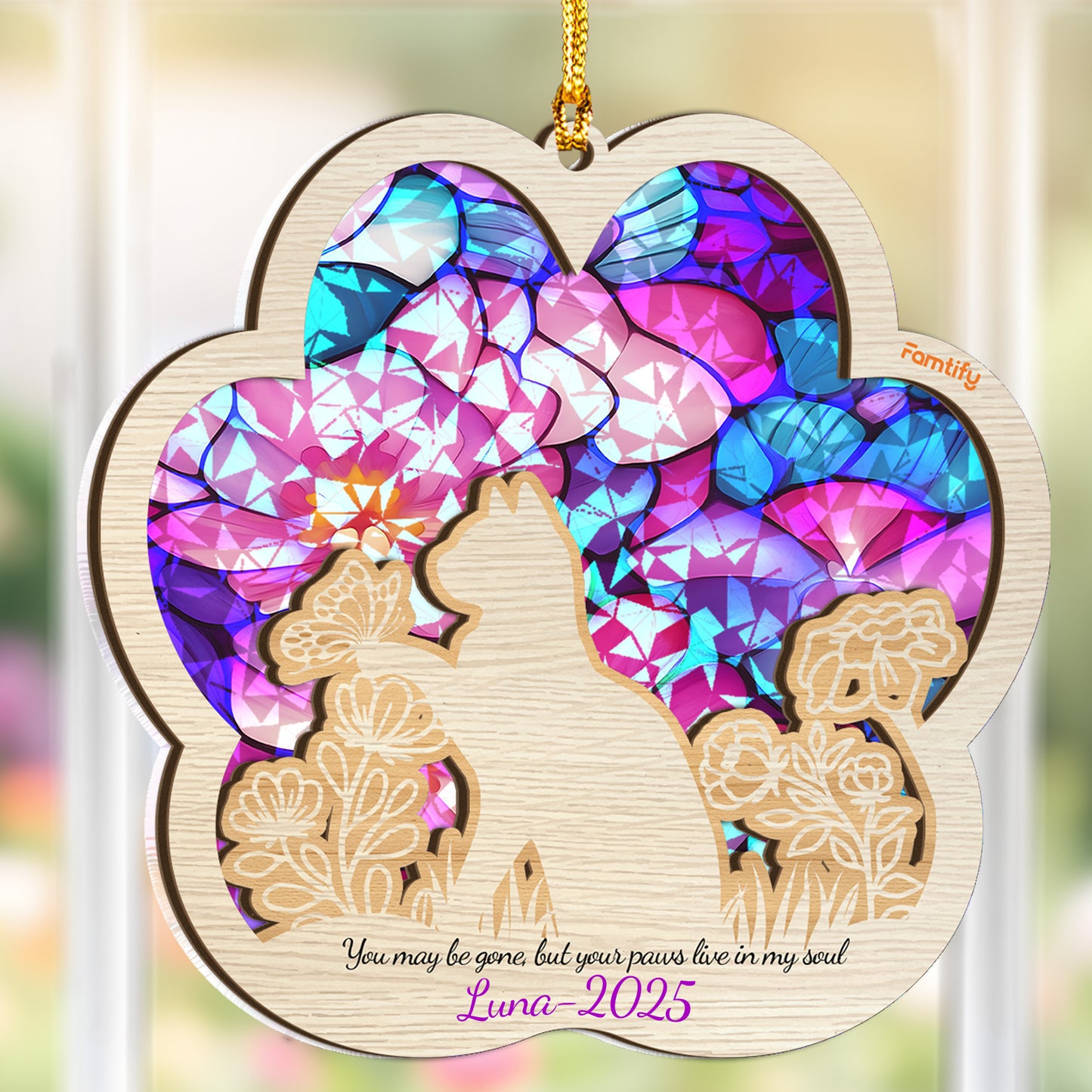 Your Paws Live in My Soul - Custom Wood and Hologram Acrylic Memorial Ornament