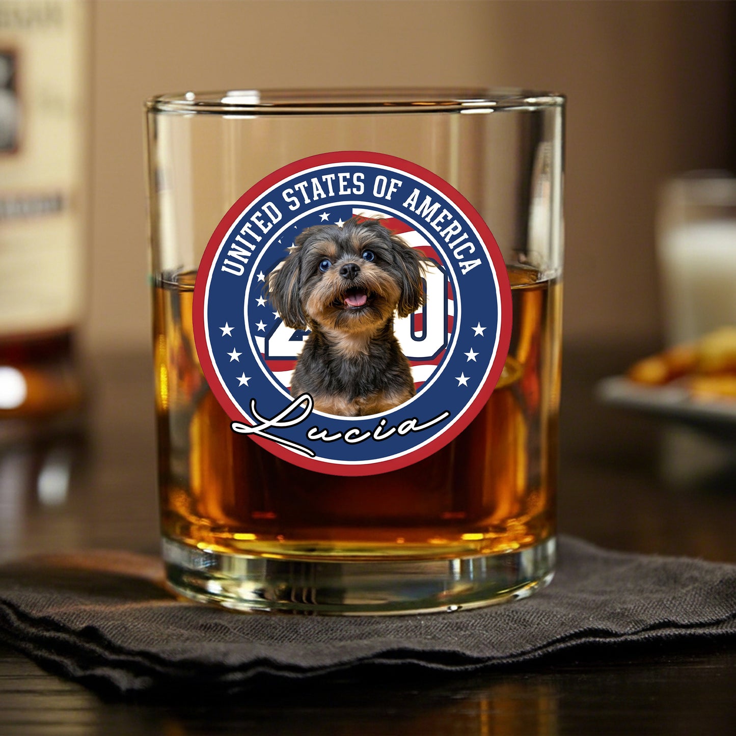 Celebrating America's 250th Anniversary With My Dog Custom Dog Photo Whiskey Glass