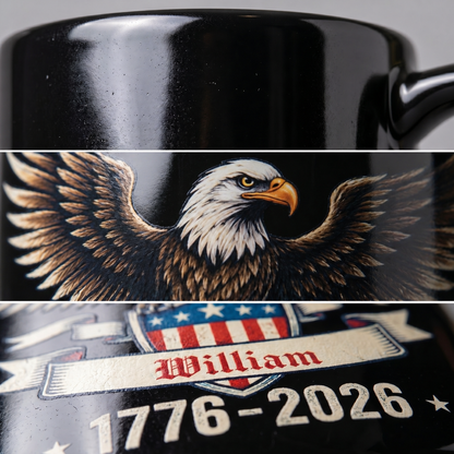 America 250 Years Patriotic Eagle Personalized Black Mug – USA 1776-2026 Independence Anniversary Mug