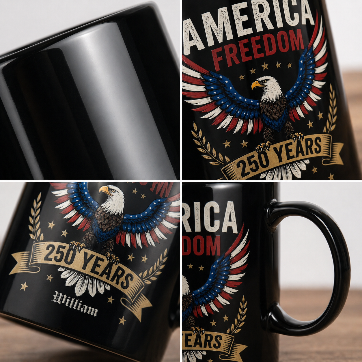America Freedom 250 Years Personalized Black Mug – USA 1776-2026 Patriotic Eagle Anniversary Mug