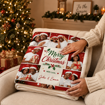 Personalized Merry Christmas Photo Collage Blanket, Custom Family Holiday Picture Fleece Throw Blanket, Christmas Gifts for Couples & Family