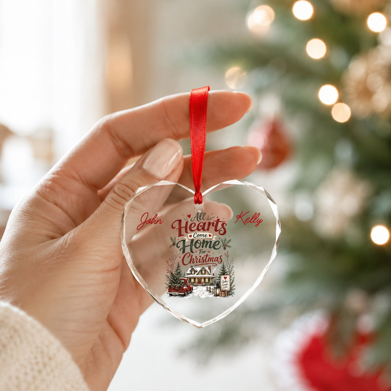 Personalized All Hearts Come Home for Christmas Glass Ornament with Custom Name