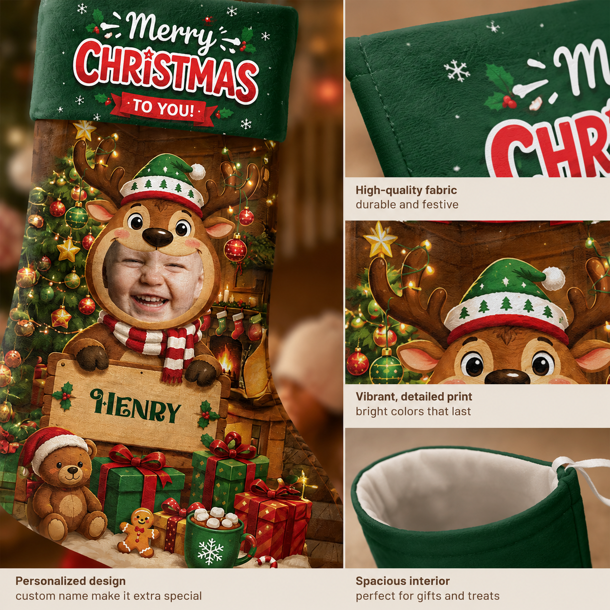 Personalized Christmas to You Reindeer Christmas Stocking, Custom Photo Holiday Gift