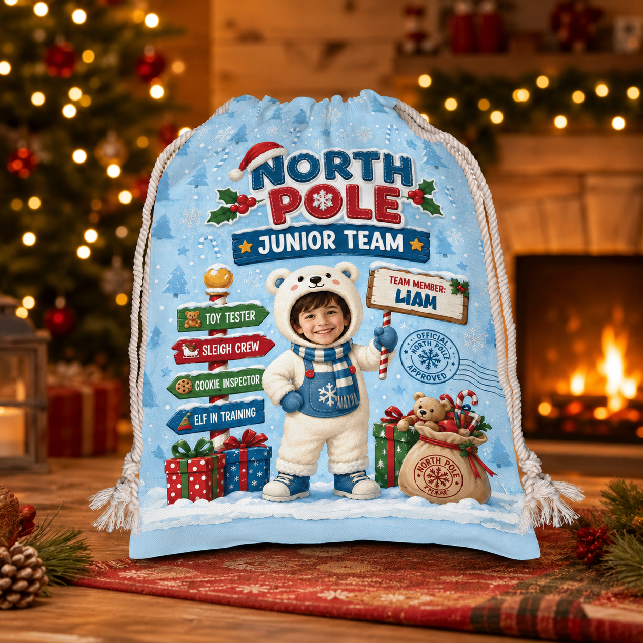 Personalized North Pole Junior Team Christmas Sack, Custom Name Santa Gift Bag