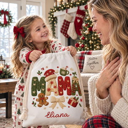 Personalized Mama Christmas Sack, Custom Name Santa Gift Bag