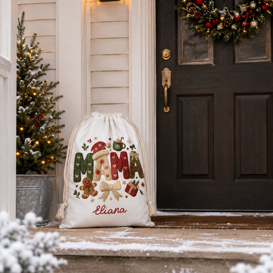 Personalized Mama Christmas Sack, Custom Name Santa Gift Bag