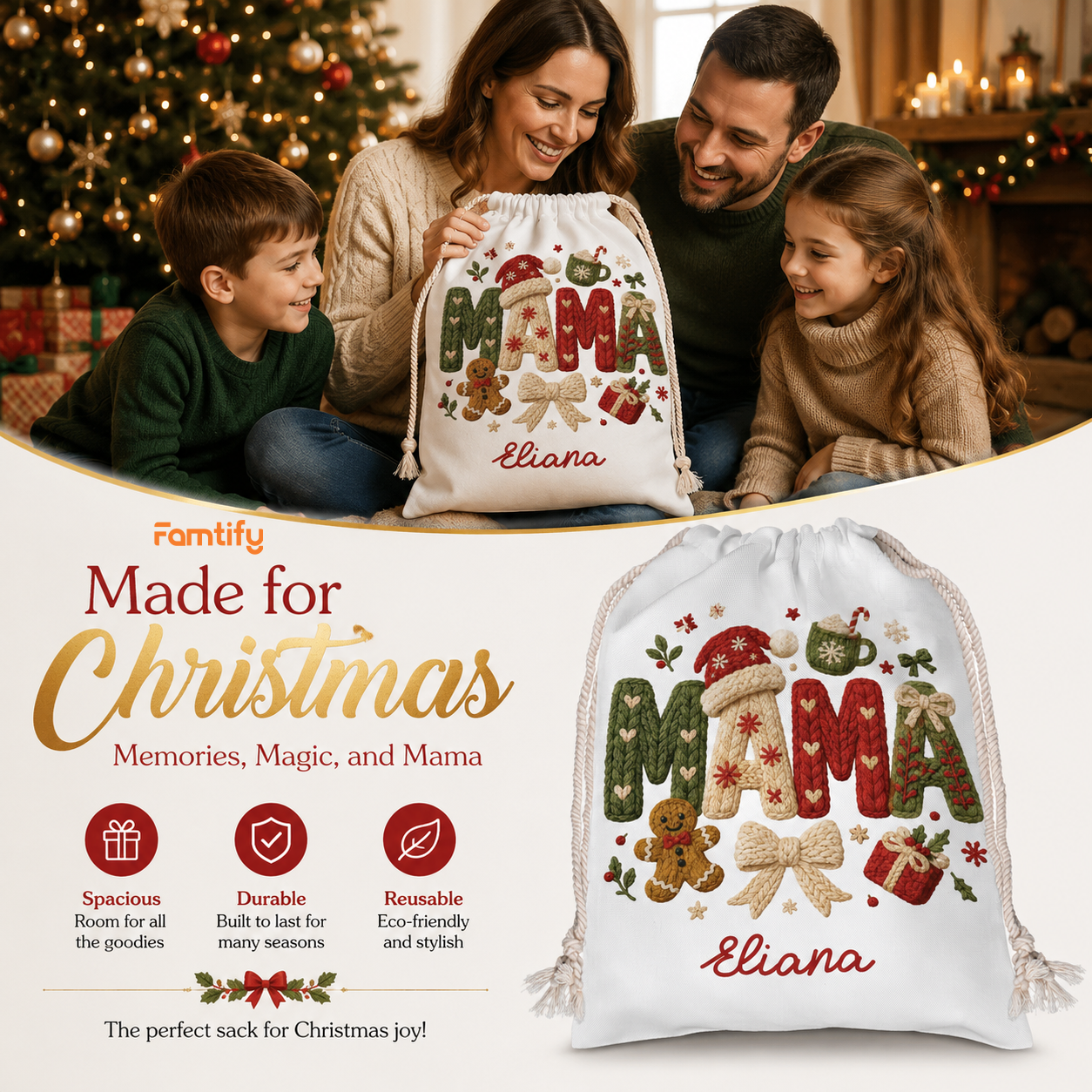 Personalized Mama Christmas Sack, Custom Name Santa Gift Bag